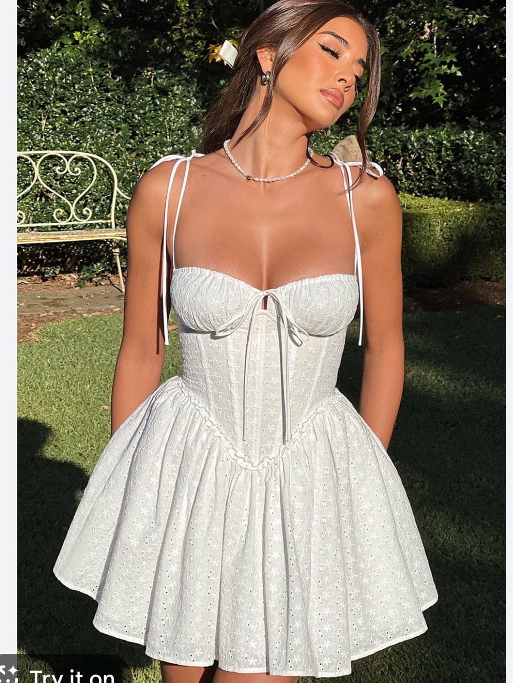 White Eyelet Tie-Shoulder Mini Dress